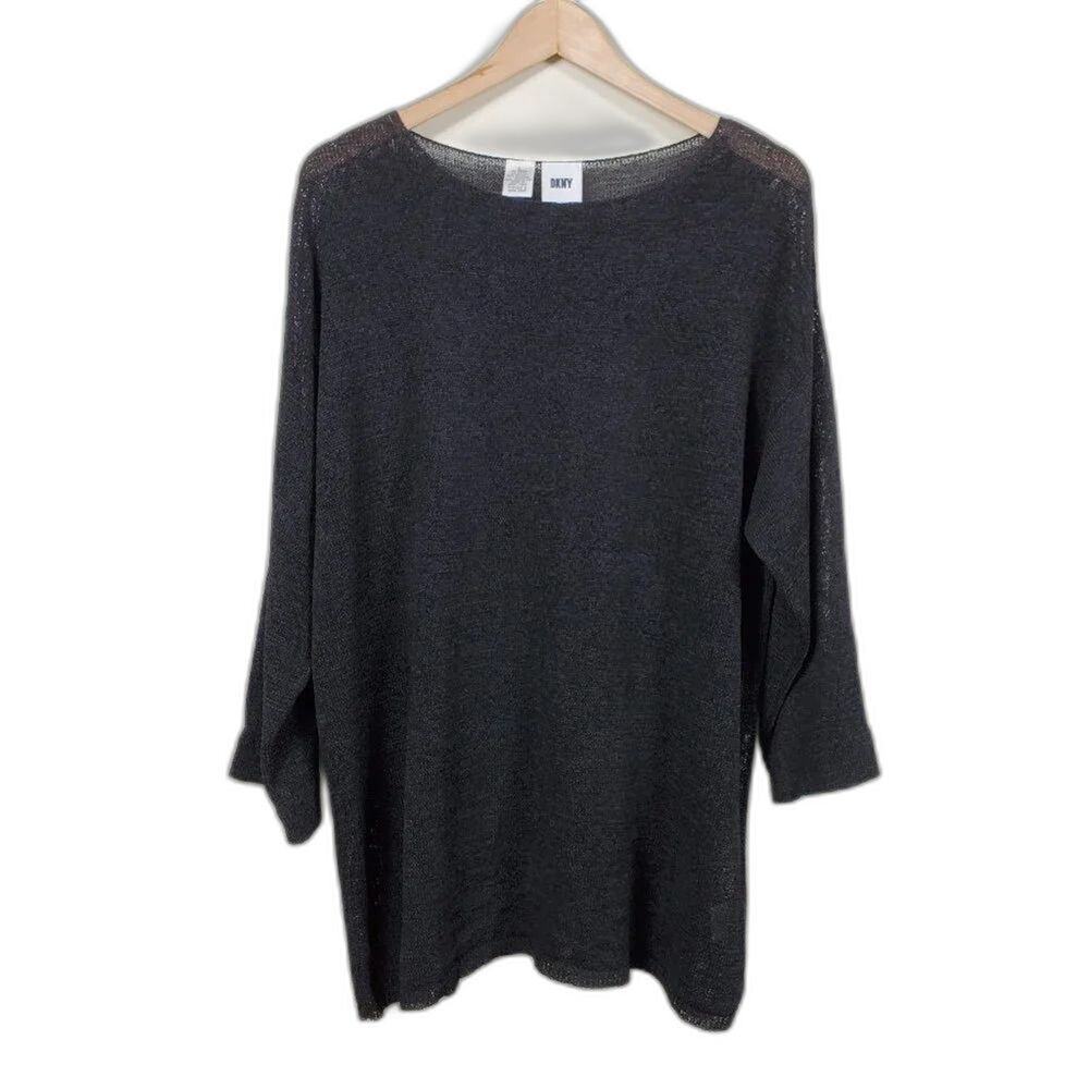 DKNY Black Sheer Knit Top Women Size XL 3/4 Sleeve Lightweight Blouse